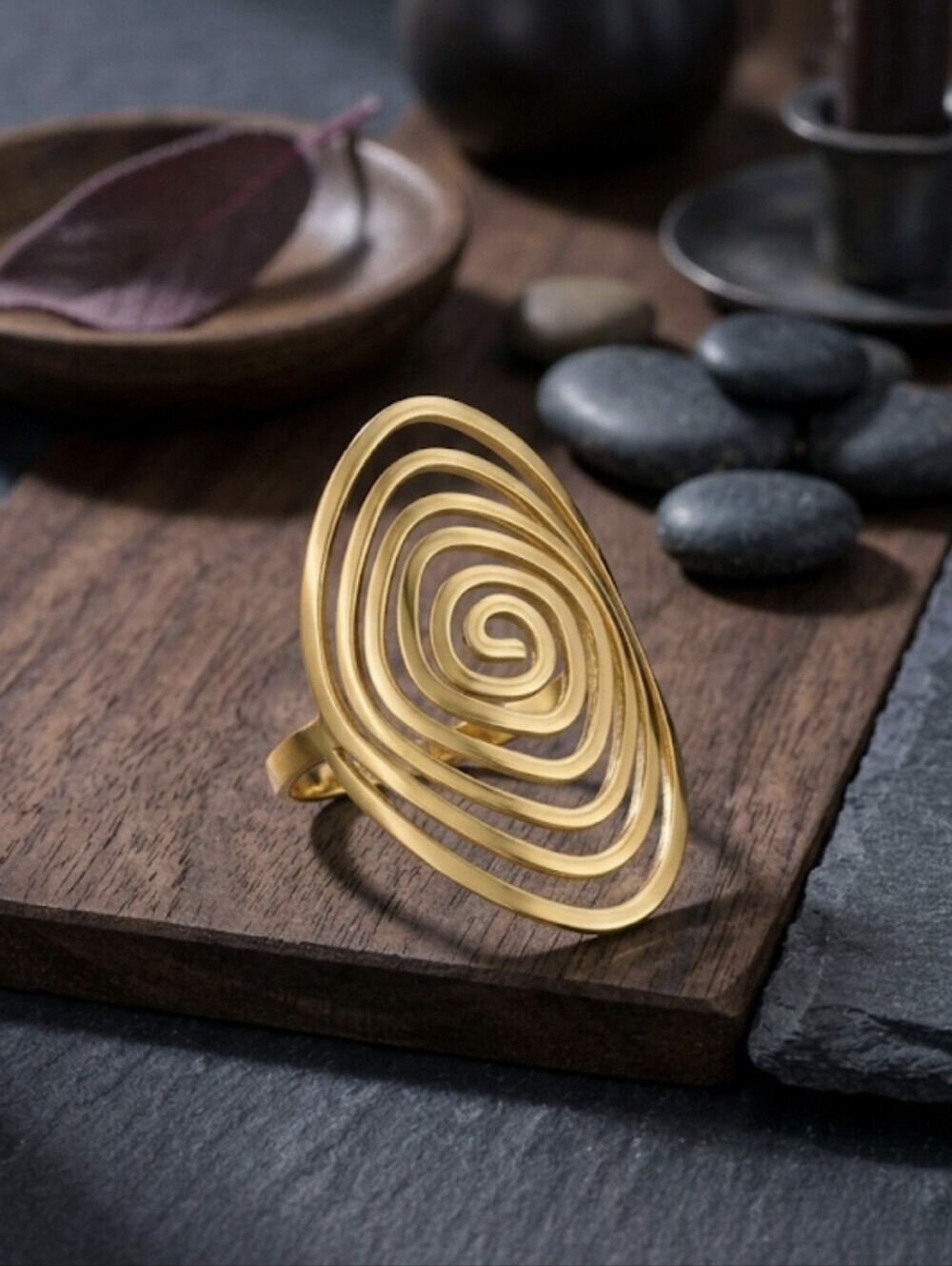 18K Gold Plated Spiral Swirl Statement Ring Mediterranean Modern Adjustable